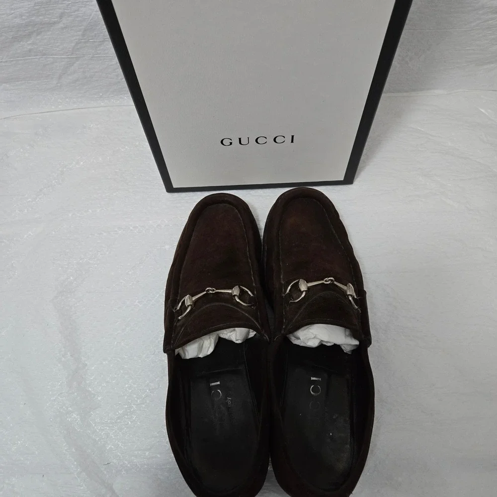 Gucci Mens Horsebit Loafers Dark Brown Suede Dress Shoes Size 10 D Italy